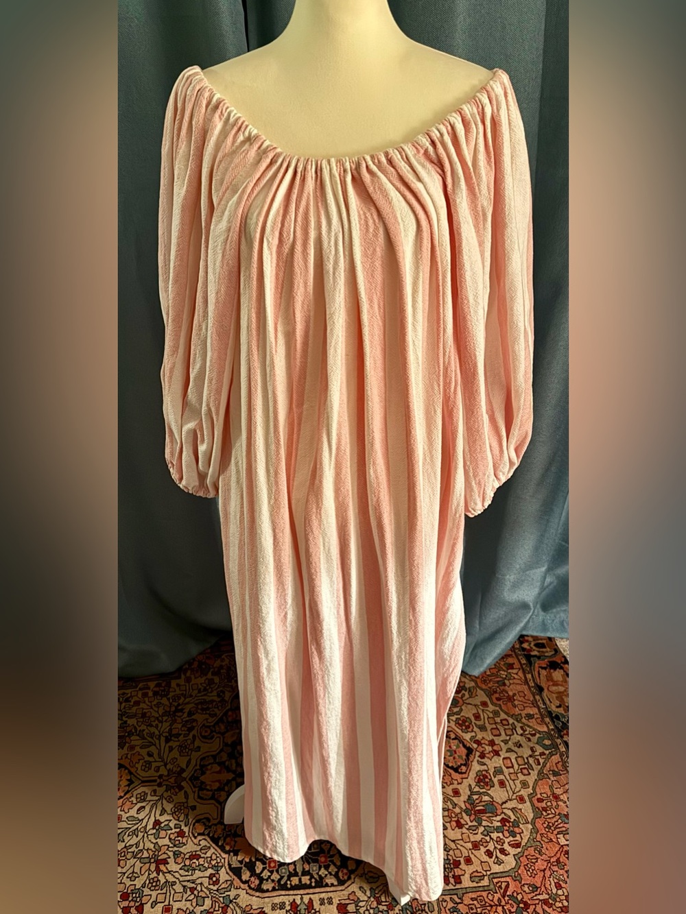 Off-Shoulder Long Sleeve Maxi Dress in Pink & White Stripes with Pockets